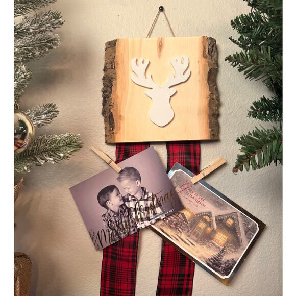 Holiday Christmas Card Holder Reindeer on Aspen Wood Double Plaid Ribbon - Picture 1 of 5